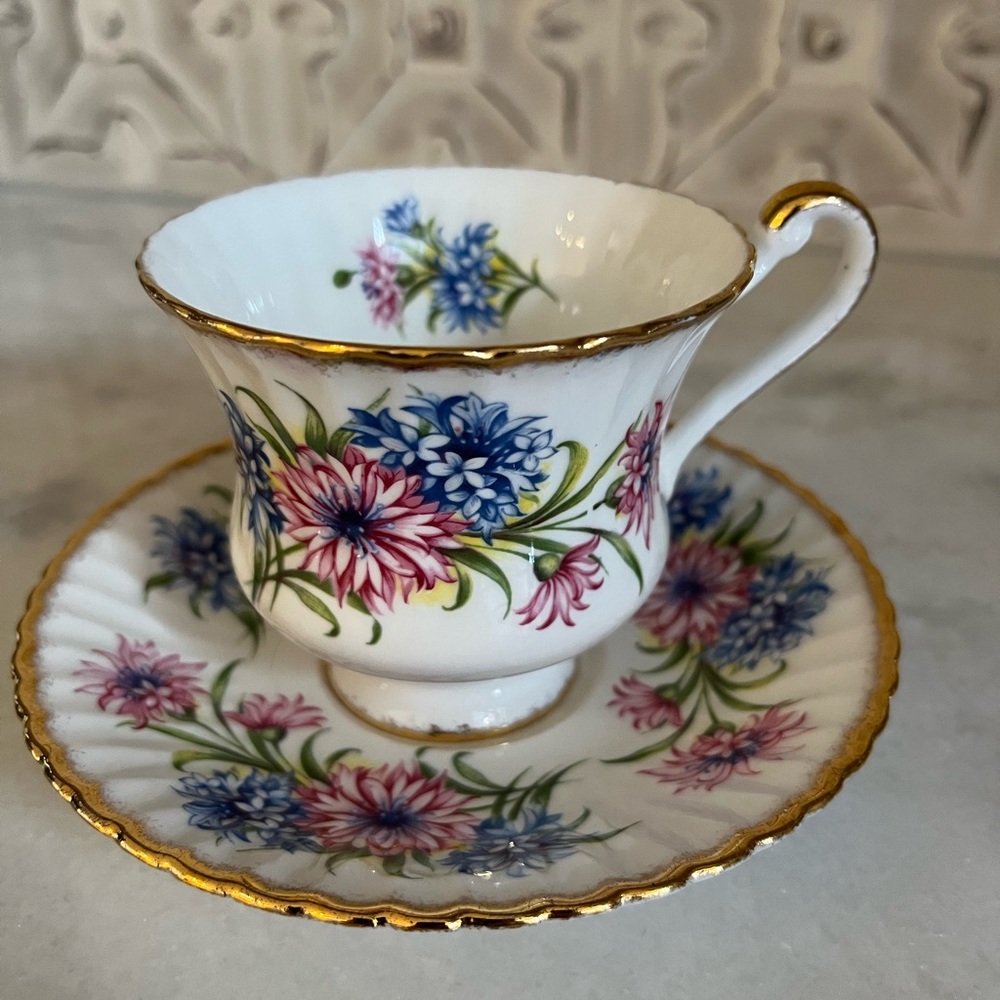 Vintage Paragon Pink & Blue Chrysanthemum Footed Cup & Saucer Set